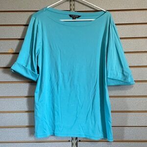 Lauren Ralph Lauren Women's Top XXL Turquoise Boat Neck Cuffed Sleeve